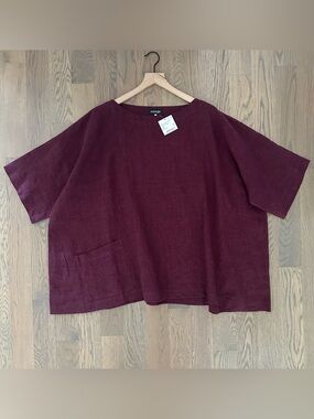 NWT Eskandar Angle to Front 3/4 Sleeve Scoop Neck Tunic Linen Burgundy 1 /Medium